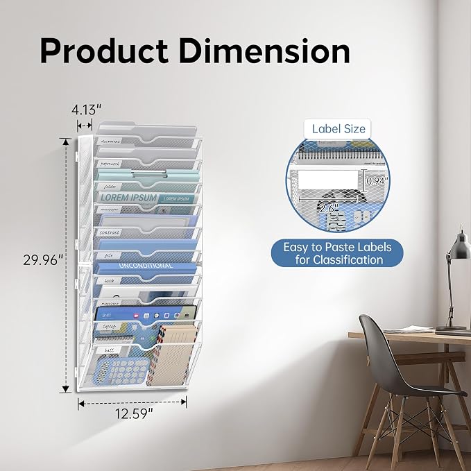 10 Tier Wall File Organizer Office Hanging Mail Holder Wall Mounted, Mesh Paper Document Organizer for Office Home School, White