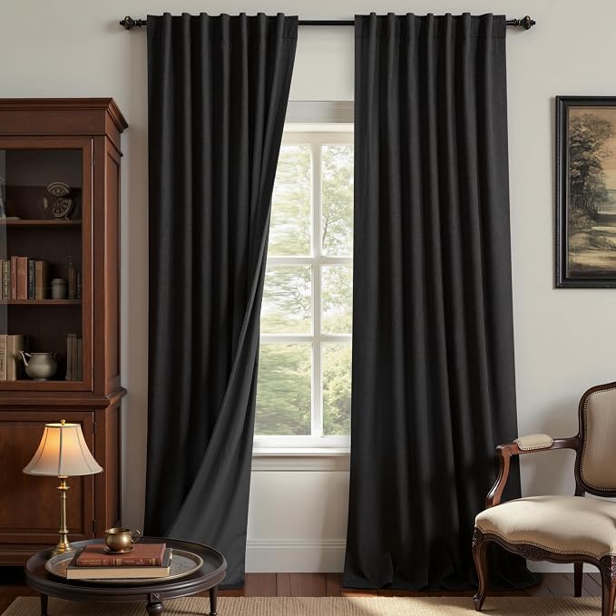 KOUFALL Black Back Tab Linen Blackout Curtains for Living Room 52x108 Inch Length