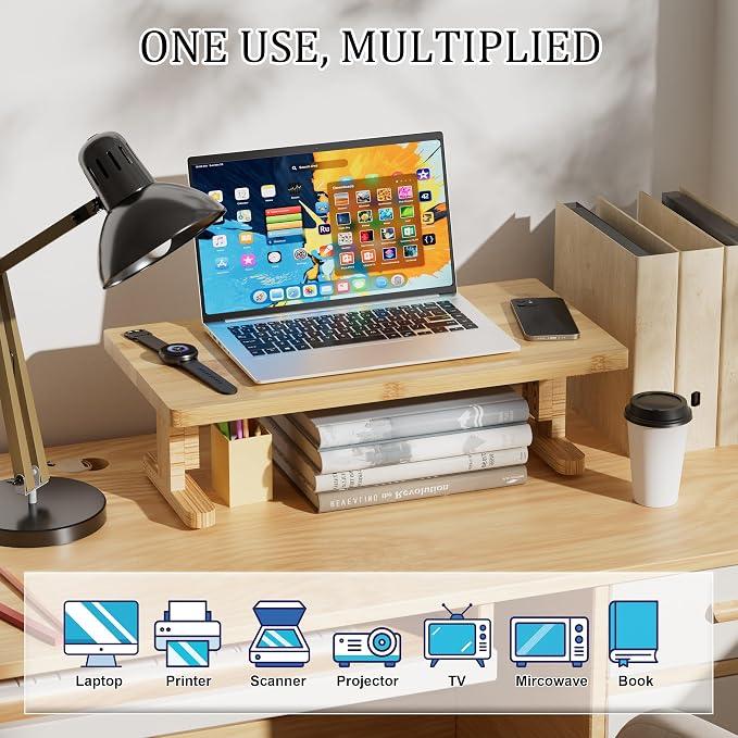 Bamboo Monitor Stand Riser for Desk with 4-Level Height Adjustment | Ergonomic Computer Riser, Desktop Organizer Shelf, Sturdy 100 lbs Support, Height Adjustable Laptop Stand, Warp-Proof, Large