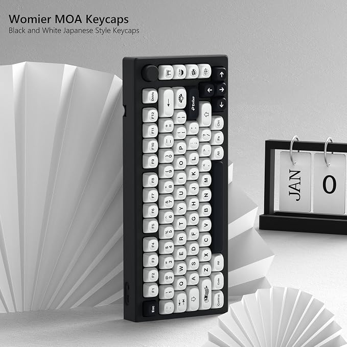 Womier Japanese MOA Keycaps, PBT Keyboard Keycaps for Mechanical Keyboard, Custom Cute White Key caps Dye-Sublimation for 60% 65% 75% 100% Percent Cherry MX - White and Black
