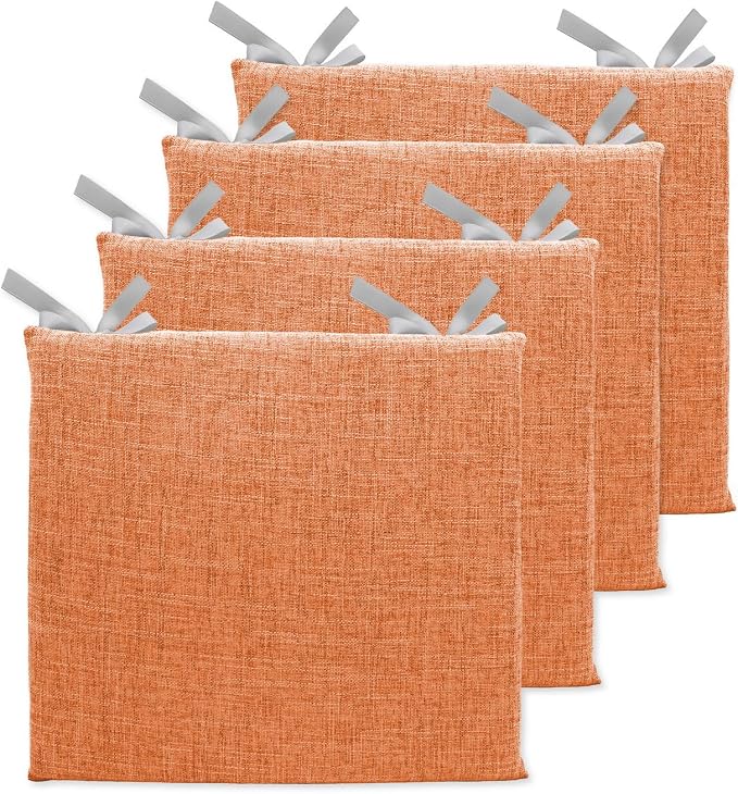 Lifup 4 Pack Chair Cushion Memory Foam Pads, Square Non-Slip Thick Dining Chair Cushions with Ties and Removable Cover for Home Office Restaurant Chair Pads Orange 15 x 14 Inch