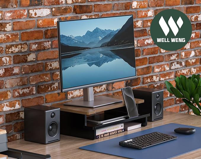 16.5” Bamboo Monitor Stand with Phone & Tablet Holder Desk Shelf | Monitor Riser for 36-48 Inch Desk Cozy Computer Setup Workplace Organizer Keyboard Storage Compact Ergonomic Black