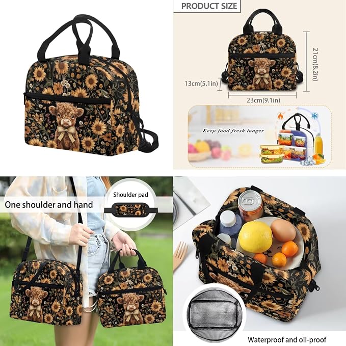 ZFRXIGN Highland Cow Kids Backpack for Boys Bookbag with Cute Pendant 17inch Girls Elementary School Bag and Insulated Lunch Box Pencil Case Back to School Stuff