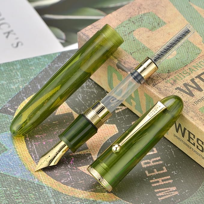 Jinhao 9019 DaDao Series Fountain Pen, Size 8 Fine Cardiogram Nib with Large Ink Converter, Transparent Olive Green Acrylic Design Smooth Writing Pen (Gold Trim)