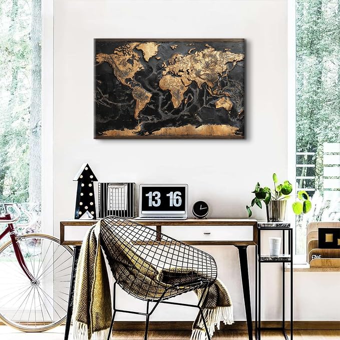 AREBOLO Modern Men Office Wall Art World Map Wall Decor Black and Gold Map of the World Picture Canvas Prints Poster for Living Room Home Decorations 24x36”, Retro Abstract Nautical Painting Artwork
