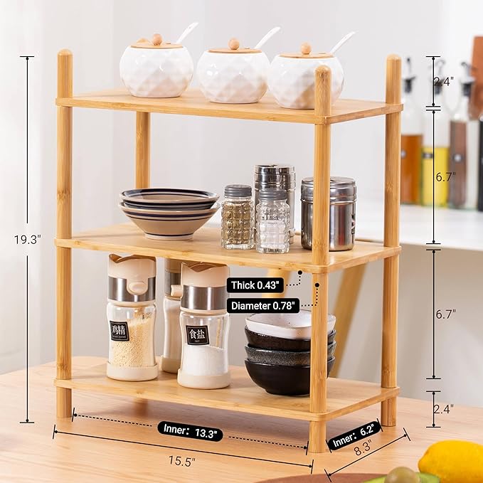 3-Tier Expandable Bamboo Desktop Organizer Shelf Kitchen Cabinet and Counter Riser Display Shelf for Top of Desk Home Office Bathroom Coffee Table Display Stand