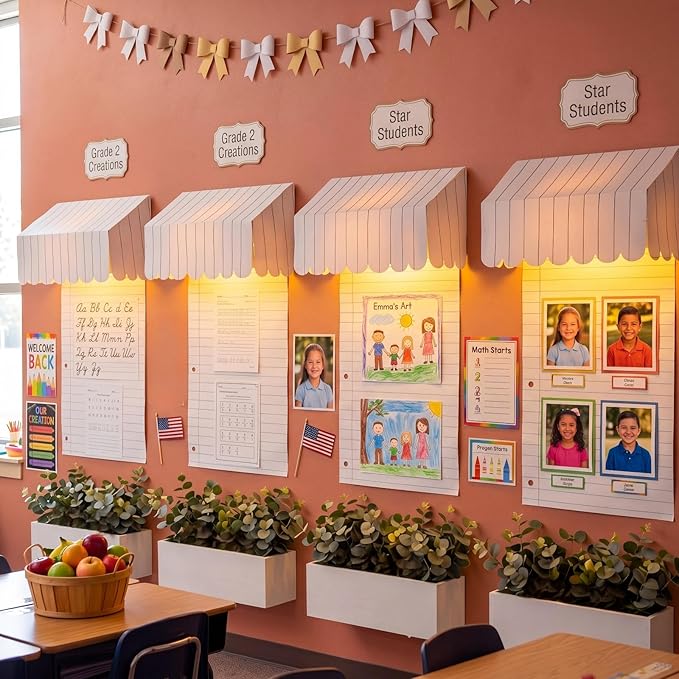 Colarr 12 Pcs Back to School Classroom Awning Decor Kit Bulletin Board Awning with Poster Paper Warm LED Light Bulletin Board Decor for Teacher Classroom School Wall Chalkboard(Line)