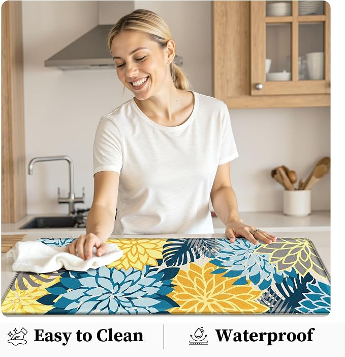 Arenarug Kitchen Mats for Floor 2PCS Cushioned Anti Fatigue Kitchen Mats Waterproof Non Slip Kitchen Rug Set Comfort Foam Standing Mat for Sink, Laundry, Office,17.3" x 28" + 17.3" x 47", Yellow Teal