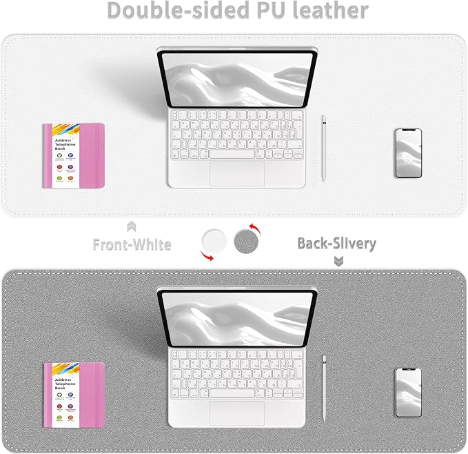 Dual-Sided Desk Mat, Large Pad, Waterproof Smooth PU Leather Blotter Protector, Mouse Pad, Desk Organizers, Office/Home Table Decor for Reading and Writing (White+Slivery, 47.2''23.6'')