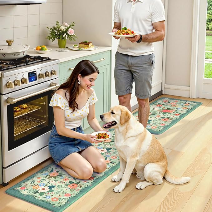 KIMODE Anti Fatigue Mats for Kitchen Floor Green Farmhouse Kitchen Rugs | 17"x47"+17"x29" Kitchen Rugs Sets of 2 Cushioned Kitchen Floor Mats Non Skid,Memory Foam Mats for Laundry Office Sink Desk