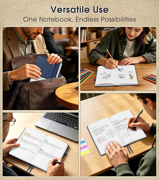 A5 Leather Hardcover Graph Paper Notebook, 160 Pages (5 Squares/Inch), 180° Lay-Flat Binding, 100 GSM Thick Paper, for Math, Engineering, Students & Technical Work (Navy)