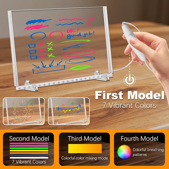 LED Note Board with 7-Color Light Modes, 13.7"X10" 7 Colors Acrylic Dry Erase Boards with Light, Include Adapter, Hanging Chain, Led Drawing Board for Kids Christmas & Birthday Gifts for Girls Boys