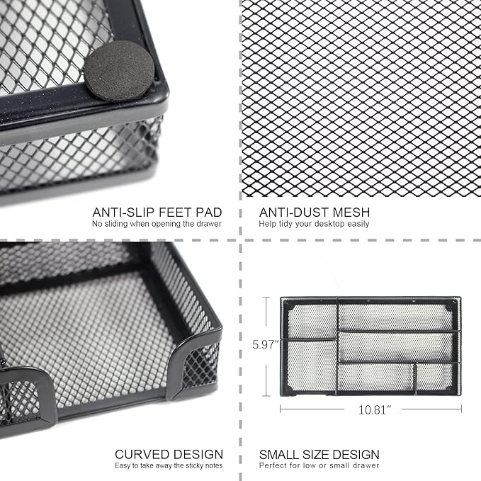 Desk Drawer Organizer Tray, Small Metal Mesh Desk Organizer Tray with 6 Compartments, Office Pencil Drawer Organizer Accessories for Stationery, Desktop, Bathroom, Kitchen, Makeup, Vanity, School