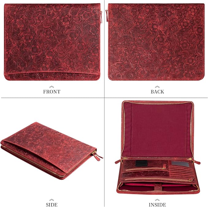 Gexmil Leather Portfolio Organizer for Women Men, Business Padfolio Folder with Zipper, Full Grain Leather,Interview Legal Document File Resume Organizer, A4 Writing Notepad Padfolio, Floral Red