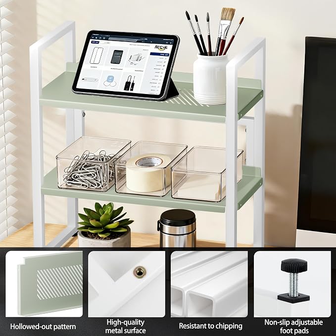 Brakki Desk Shelf Organizer, 2-Tier Desktop Bookshelf, Small Office Shelf | Adjustable Shelf, Metal Desktop Rack for Dorm, with Foot Mat, Multi-Functional Organization, White and Green