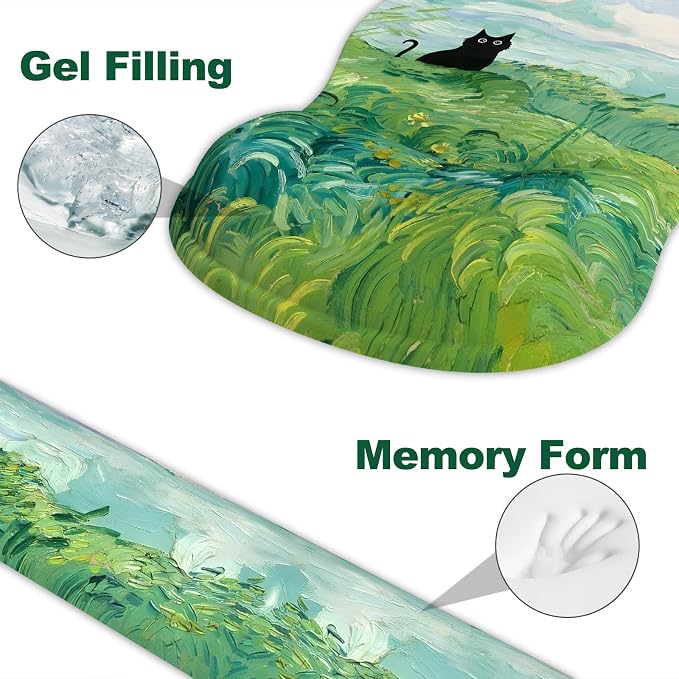 Ergonomic Mouse Pad with Wrist Rest and Keyboard Wrist Rest, Gel Mousepad and Wrist Rest for Computer Keyboard, Pain Relief, Non-Slip PU Base, Mouse Pad with Wrist Support for Gaming, Office, Cat