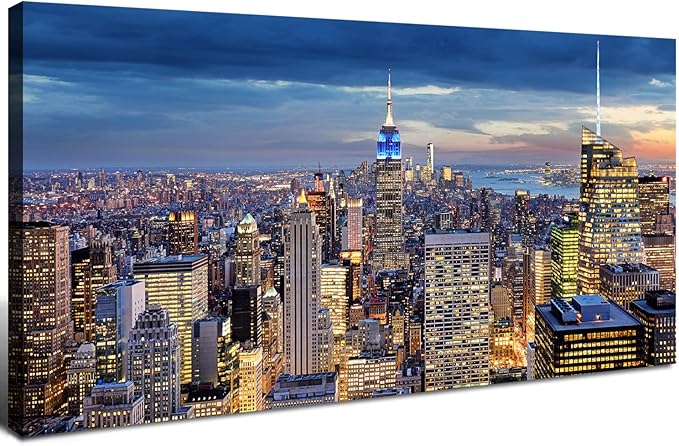 Large New York City Wall Art NYC Skyline Picture Office Wall Decor Modern Manhattan Cityscape Canvas Prints Night City Urban Skyscraper Panoramic Artwork for Bedroom Living Room Home Decoration 24x48"
