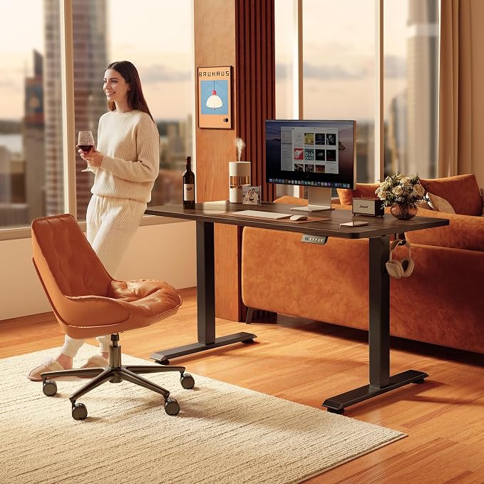 FEZIBO 55 x 24 Inchs Electric Standing Desk, Height Adjustable, Sit Stand Up, Computer Office Desk with Splice Board, Black Frame/Black Walnut Top
