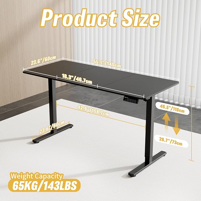 55"x24" Standing Desk, Height Adjustable Sit-Stand Home Office, Black | Electric Adjustable Standing Desk, Sit to Stand Computer Office Desk with Splice Board, Memory Preset, Lifts 28.7''-46.5"