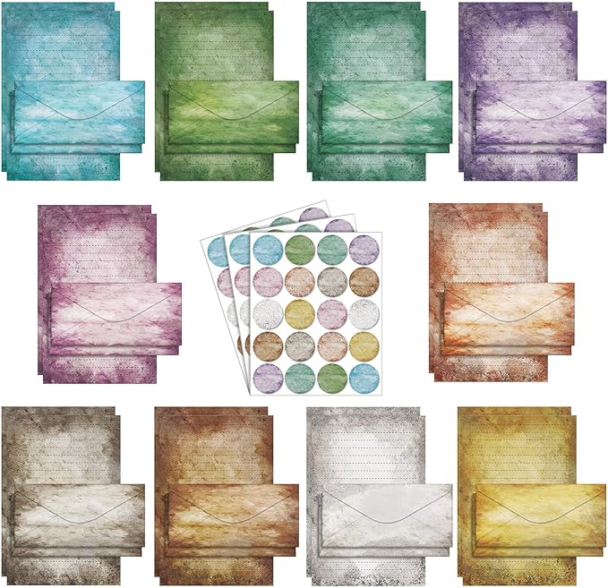 TaoBary 160 Pcs Stationery Paper Set 50 Double Sided Stationery Paper with 50 Matching Envelope and 60 Round Dot Sticker, 10 Design (Vintage Colors,8.5 x 11 Inch)