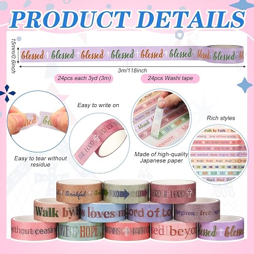 24 Rolls Back to School Christian Washi Tape Gifts Bulk Graduation VBS Religious Scripture Pastel Bible Verse Washi Tape for Bible Journaling Crafting Students BibleStudy Stationery