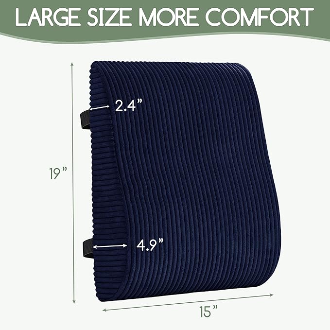 Ergonomic Lumbar Support Pillow for Lower Back Pain Relief, Corduroy Cover Back Support Cushion with Adjustable Straps, Large Size Lumbar Pillow for Office, Gaming & Home Essentials, Large, Navy