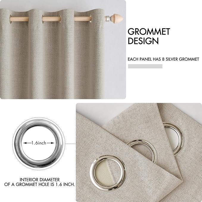 MIULEE 100% Blackout Linen Textured Curtains for Bedroom Solid Thermal Insulated Pebble Taupe Grommet Room Darkening Curtains & Drapes Luxury Decor for Living Room 52 x 84 Inch (2 Panels)