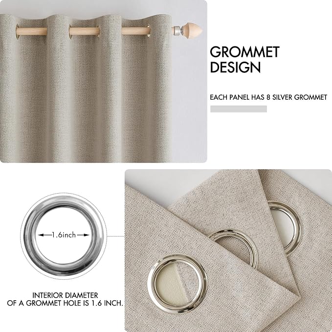 MIULEE 100% Blackout Linen Textured Curtains for Bedroom Solid Thermal Insulated Pebble Taupe Grommet Room Darkening Curtains & Drapes Luxury Decor for Living Room 52 x 96 Inch (2 Panels)
