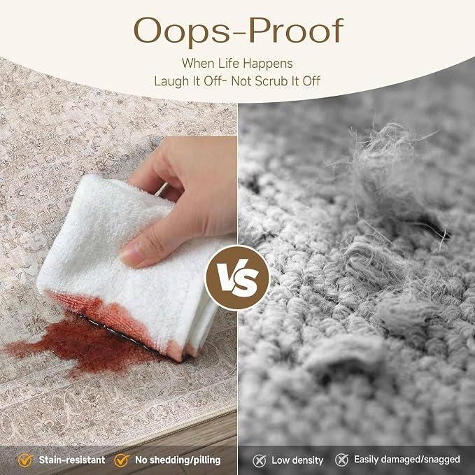 PureCozy Beige Area Rug 3x5 Washable Office Entryway Vintage Carpet Low Pile Non Slip Distressed Door Mat Soft Traditional Retro Oriental Small Accent Throw Rug Kitchen Bedroom Bathroom Dining Room
