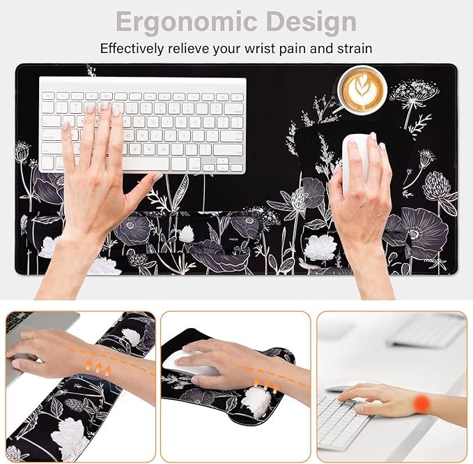 MOSISO Keyboard Mouse Pad Set, Large Gaming Mouse Pad&Keyboard Wrist Rest&Mouse Wrist Rest&Coaster, Ergonomic Non-Slip Retro Flower Floral Mousepad with Raised Memory Foam for Home Office, Black