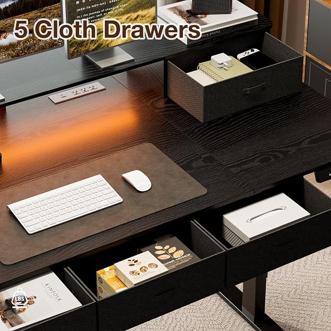 71x32 Inch Electric Standing Desk with 5 Drawers, Sit Stand Desk with Power Outlets, Monitor Shelf, LED Light and Cable Management, Height Adjustable 28.3-47.2 Inch for Home & Office, Black