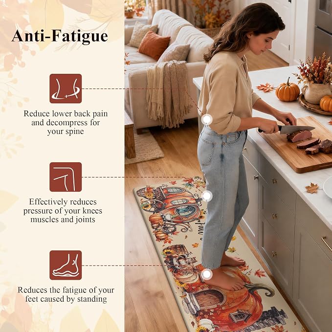 Ileading Fall Kitchen Mats Anti Fatigue, Pumpkin Kitchen Rugs Sets of 2 | Cushioned Non Slip Autumn Kitchen Mats for Floor, Waterproof Padded Floor Carpet for Harvest Thanksgiving