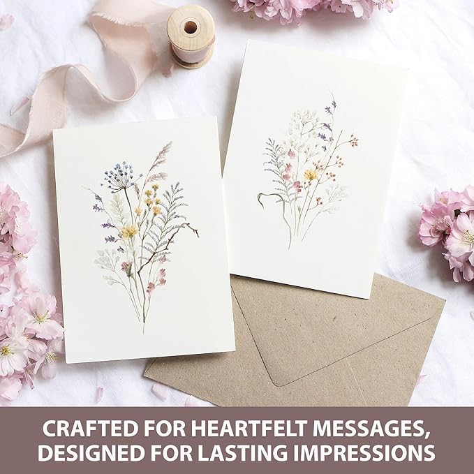 AUDREE 50 Set Blank Cards and Envelopes 3.5x5 - Watercolor Wildflowers Blank Greeting Cards with Adhesive Envelopes and Matching Sticker - Blank Note Cards for All Occasions