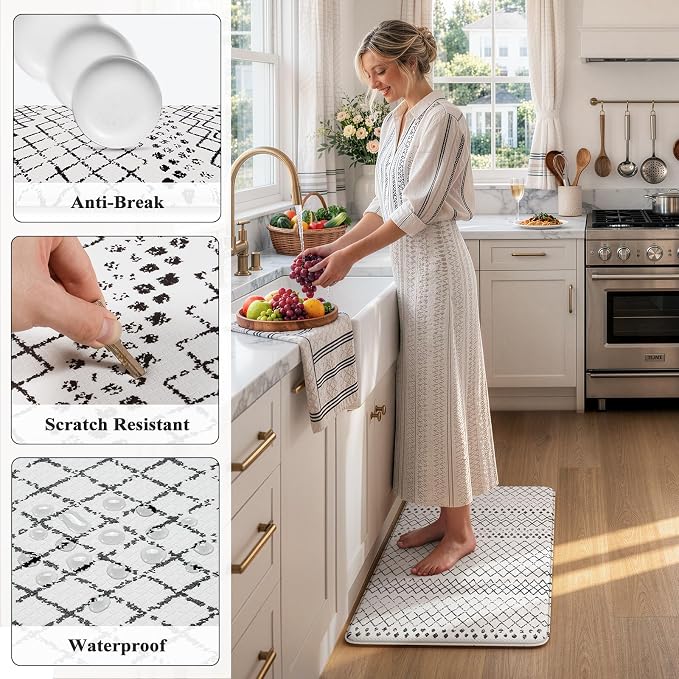 KIMODE Anti Fatigue Kitchen Mat for Floor, Cushioned Farmhouse Kitchen Runner Rug, Non Slip Waterproof Kitchen Floor Mat, Comfort Foam Standing Desk Mat for Laundry Office Sink Black/White 20"x32"