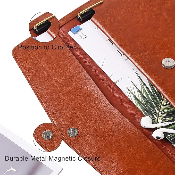 VANRA File Folder Organizer PU Leather File Jackets Document Holder Project Pockets with Magnetic Closure Button and Inner Bag for A4 Letter Size Paper (Brown)