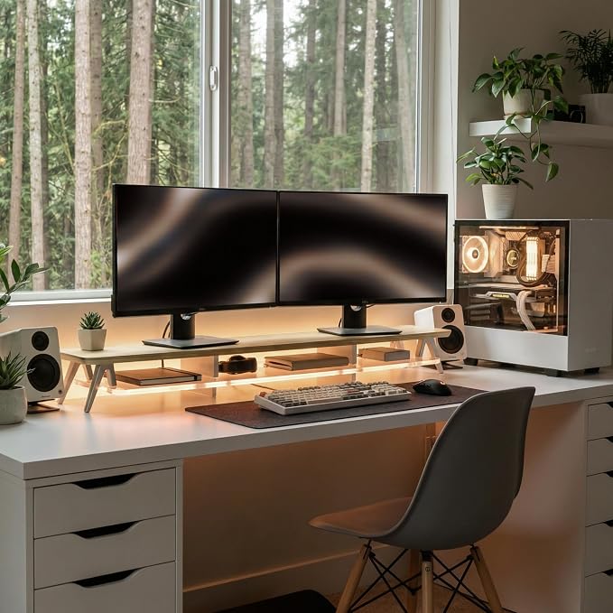 Fenge Dual Monitor Stand with 8-Mode LED Lights and Frosted Shelf, Oak | Sturdy Aluminum Legs, Built-In Phone & Tablet Slot, 2-Tier Storage, 42.5-Inch Desk Shelf for Gaming, Home Office & Streaming