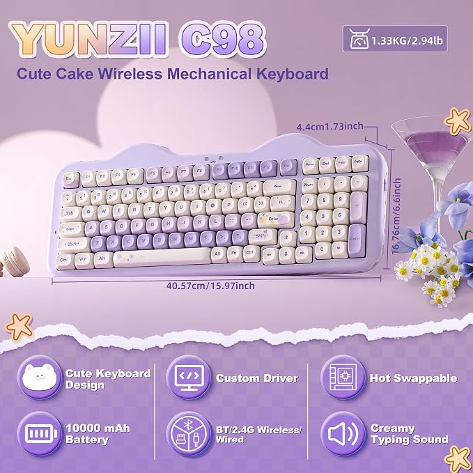 YUNZII C98 Wireless Mechanical Keyboard with Number Pad,99 Key BT5.0/2.4G/USB-C Hot Swap Gasket Mount with PBT MOA Keycaps,Custom RGB,Cute Cake Keyboard for Win/Mac (Purple, Milk V2 Linear Switch)