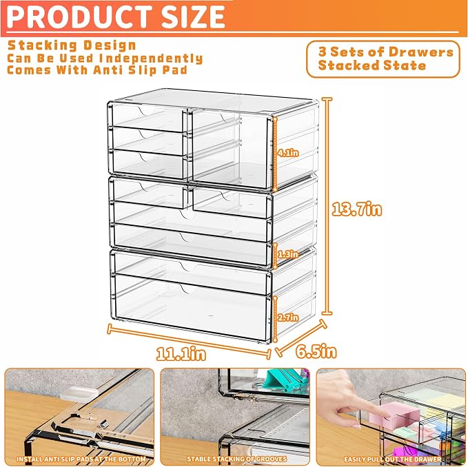 3 Pack Clear Storage Drawers With 10 Drawers,Stackable 11.1” Large Acrylic Drawer Organizer and Makeup Organizer For Vanity,Bathroom Countertop,Cabinet,Pantry,Office Supply Storage Bins Drawers