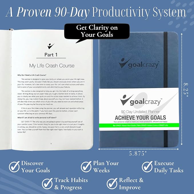 Goal Crazy Undated Daily Planner to Achieve Your Goals - 90 Day Guided Journal & Productivity Organizer with Goal Setting, Habit Tracker, To Do List, Academic & Work Calendar, Leather Hardcover - Navy