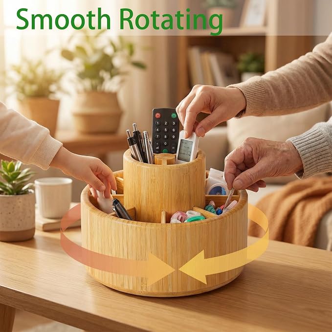 360° Rotating Pen Holder for Desk Organizer, Bamboo Lazy Susan Marker Storage, Wooden Spinning Caddy for Colored Pencil, Art Paint Brush, Makeup Brushes, Office & Craft Supply