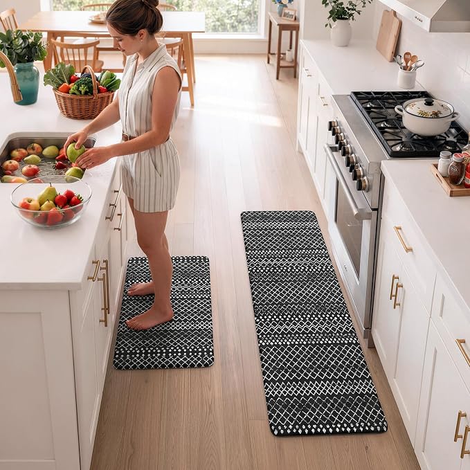 KIMODE Kitchen Mats Cushioned Anti Fatigue, Black Farmhouse Kitchen Rugs Sets of 2, Padded Kitchen Floor Mats, Non Slip Standing Mats for Sink Laundry Office Desk 17"x59"+17"x29"