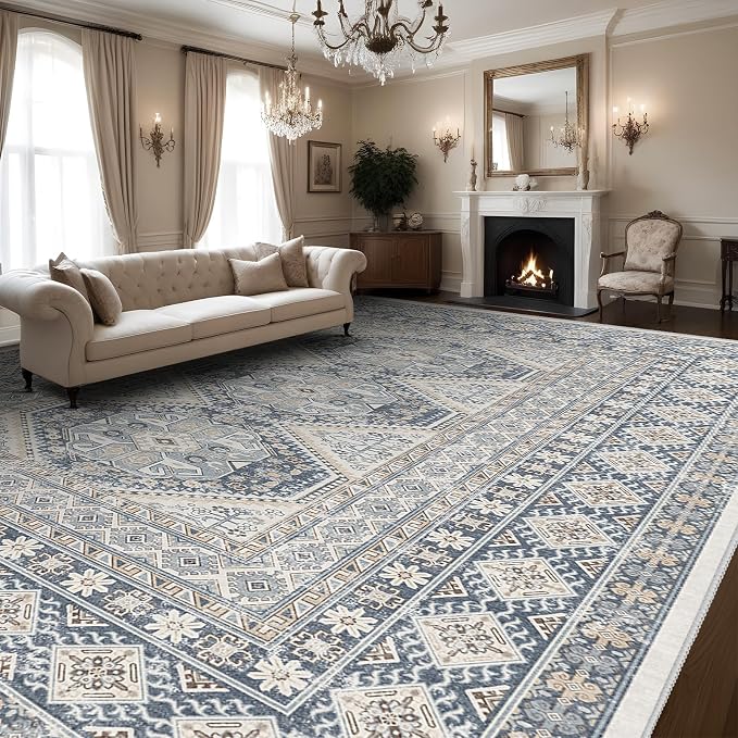 10x14 Area Rug for Living Room: Vintage Oriental Washable Rug for Bedroom Dining Room with Non Slip Rubber Backing Stain Resistant Low Pile Large Carpet Home Office (Blue, 10x14)
