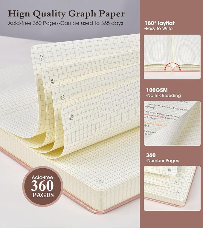 Ansopu Graph Paper Notebook Journal, 360 Numbered Pages Grid Notebooks 8.5 x 11, Thick 100gsm Paper Graphing Journals for Women Men, A4 Large Hardcover Graph Leather Journals for Writing Pink