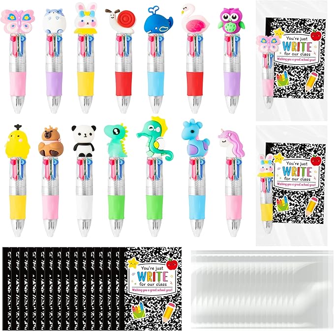 ANGOLIO Back to School Gifts for Students - 28 Sets First Day of School Gifts Include Animal 4 in 1 Multicolor Ballpoint Pens with Greeting Cards for Classmate Teacher Classroom Reward Party Supplies