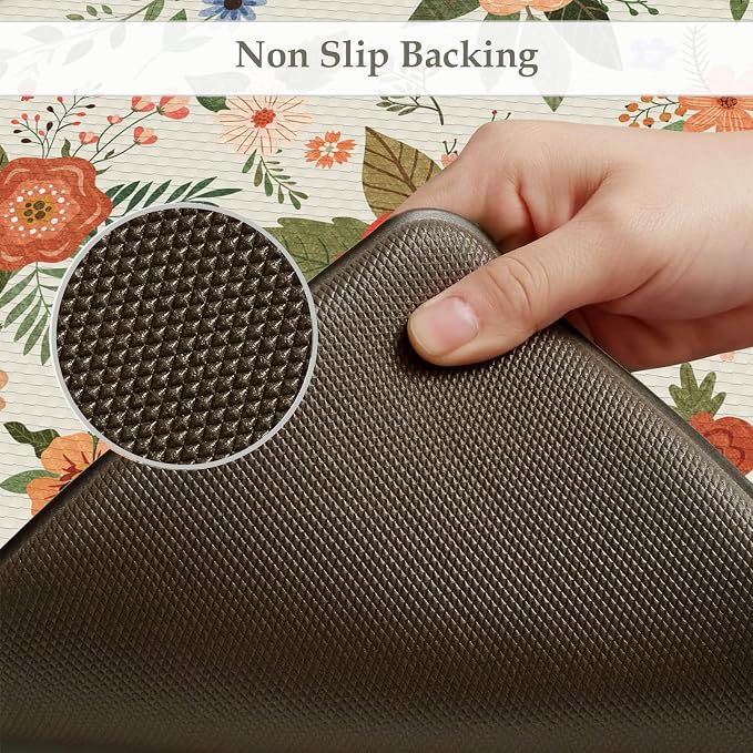 KIMODE Kitchen Mats for Floor Anti Fatigue, White Floral Rugs for Decor | Carpet for Kitchen Floor,Padded Kitchen Floor Mats,Cushioned Kitchen Mats for Floor 2 Piece for Laundry Sink 17"x47"+17"x29"