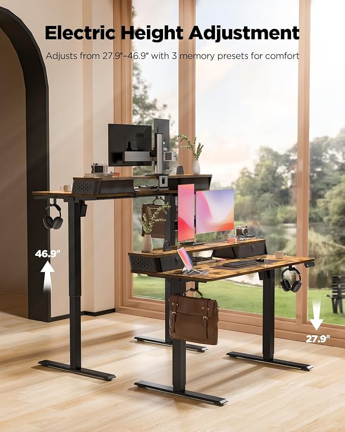 FiCiHi 40x24 Inch Electric Standing Desk, 2 Drawers, Adjustable Height Desk | Small Sit Stand Computer Desks, C-Clamp Compatible Home Office Desk with Monitor Stand, Cable Management, 3 Preset Heights
