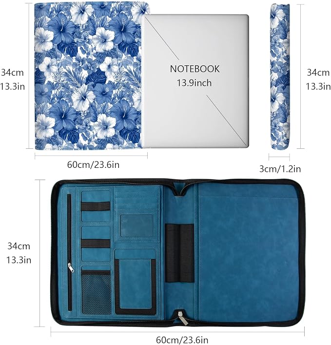 Leather Business Portfolio Organizer 13.4", Padfolio Binder for Women with Zipper, Fits 13" Laptop/Cellphone Charger Legal Pad Portfolio Document Folder ﻿ (Blue Flower)