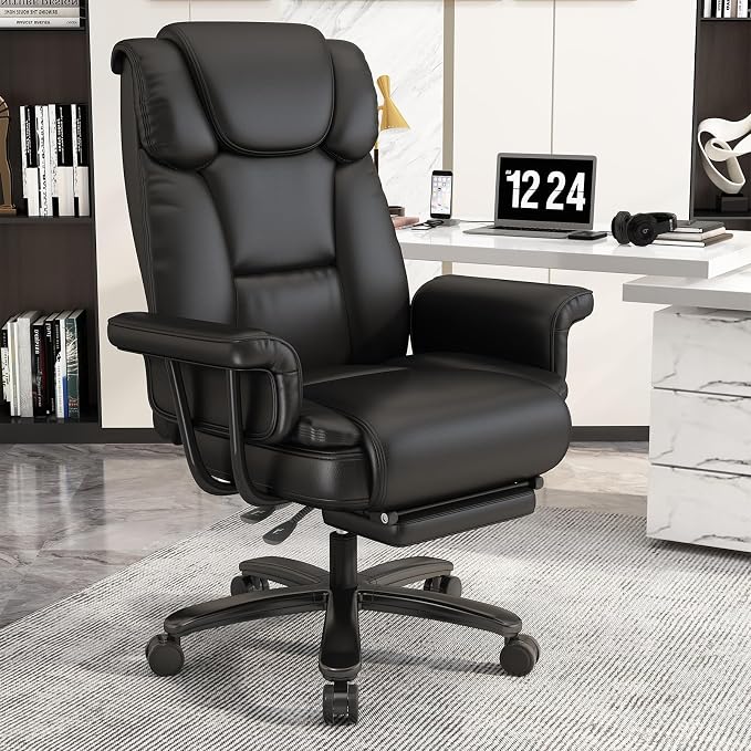 GYI 160 Reclining Office Chair with Footrest, Big & Tall Desk Chair, Black | Cross Legged Seat, High Back, Faux Leather, Heavy Duty Base, Adjustable Height, for Home, Executive