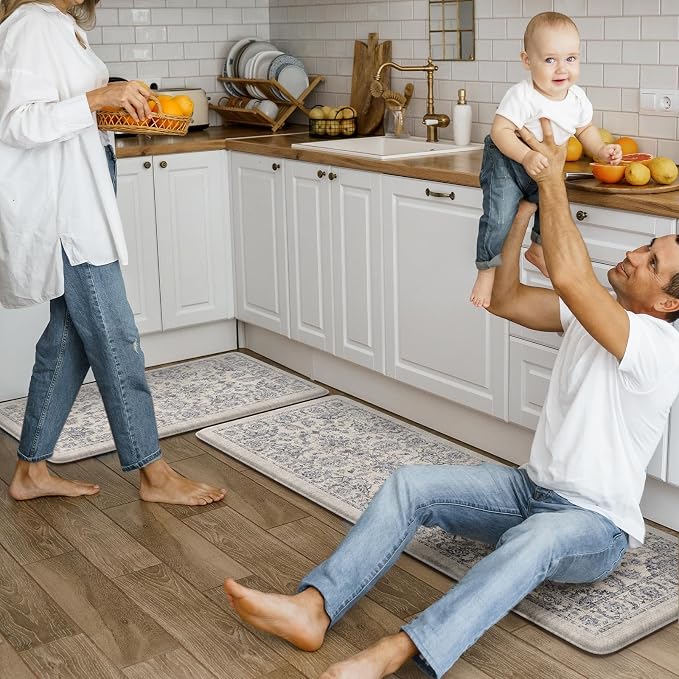 KIMODE Anti Fatigue Kitchen Mats for Floor, Boho Floral Kitchen Rugs 17"x29.5"+17" x47”, Cushioned Mats for Kitchen Floor, Non Slip Kitchen Floor Mats, Sink, Laundry, Office, Desk Blue Multi