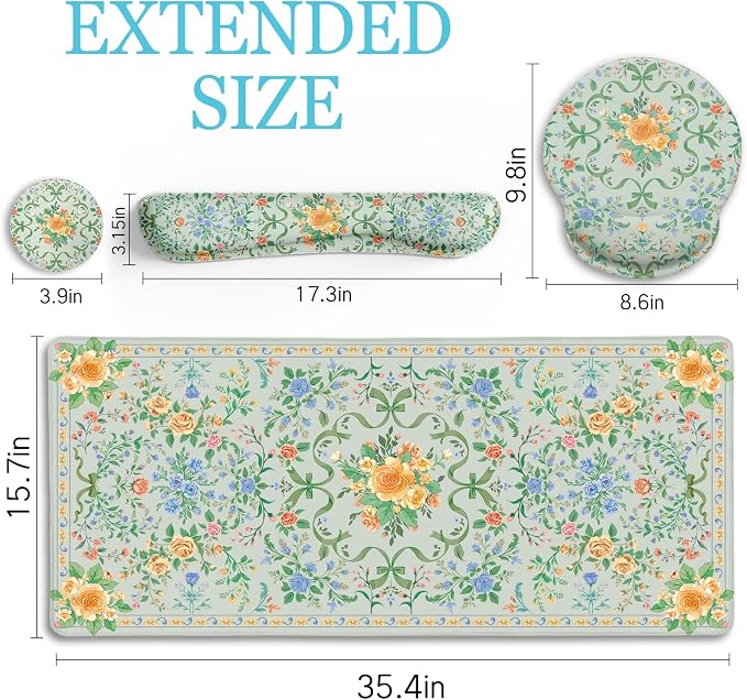 LIMKRIAN Green Floral Desk Mat Set with Bow, Large Computer Mat for Keyboard and Mouse, Ergonomic Wrist Rest Support Set, Cup Coaster, Stitched Edges, Girly Home Office Desk Accessories, Gift for Her